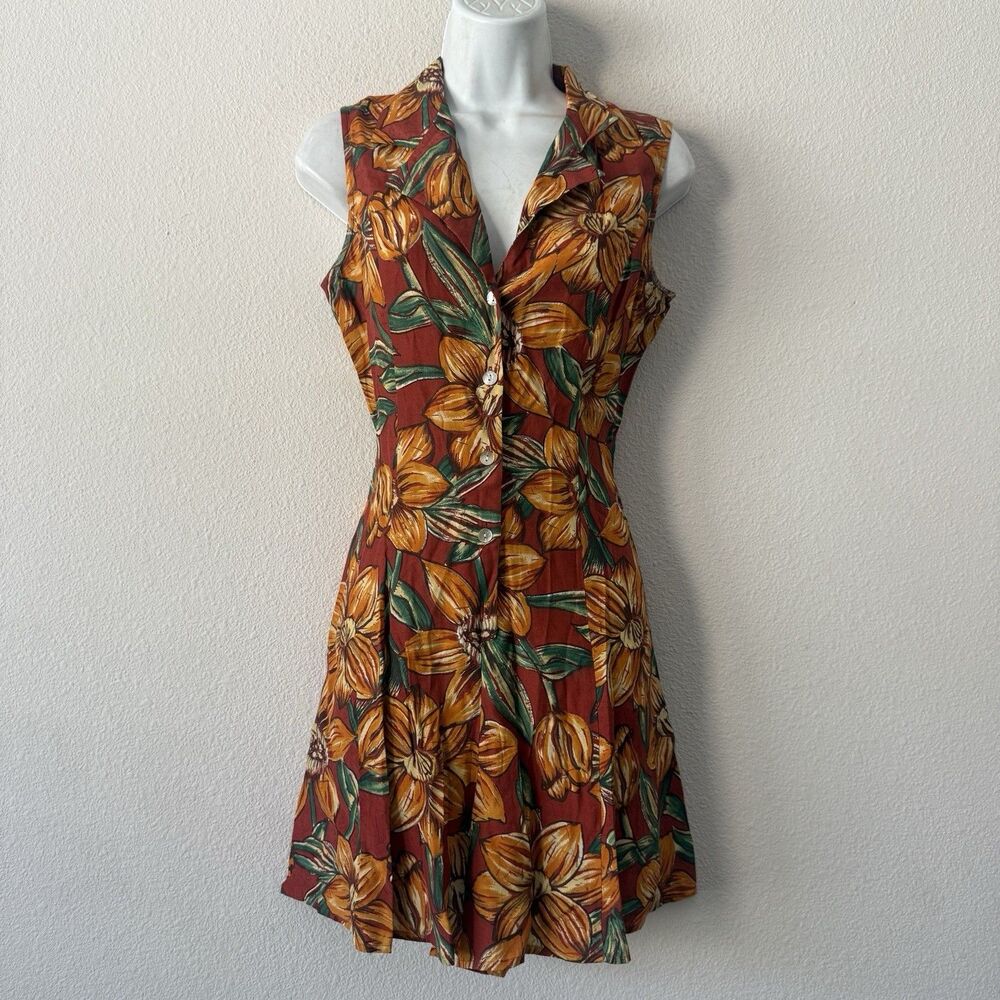 VTG 90s Express Compagnie Tropical Floral Romper Dress Skort Rust Orange S